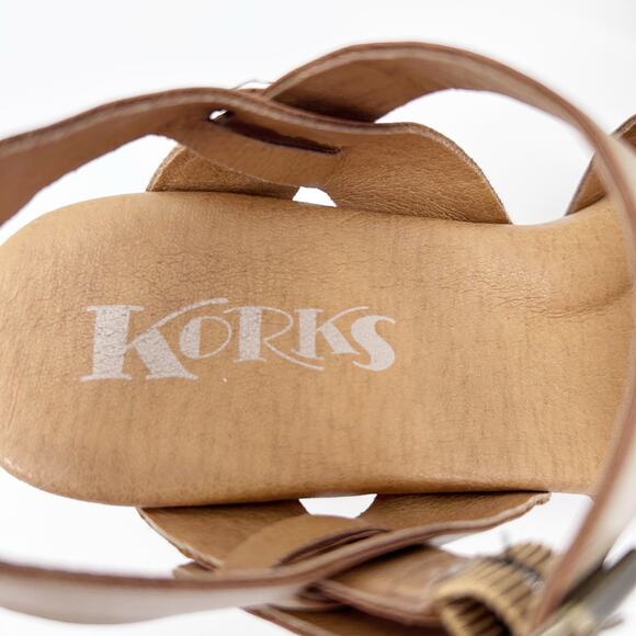 Korks Babette Platform Wedge Sandals Tan Leather Cross Strap Women’s Size 6M - Picture 9 of 11